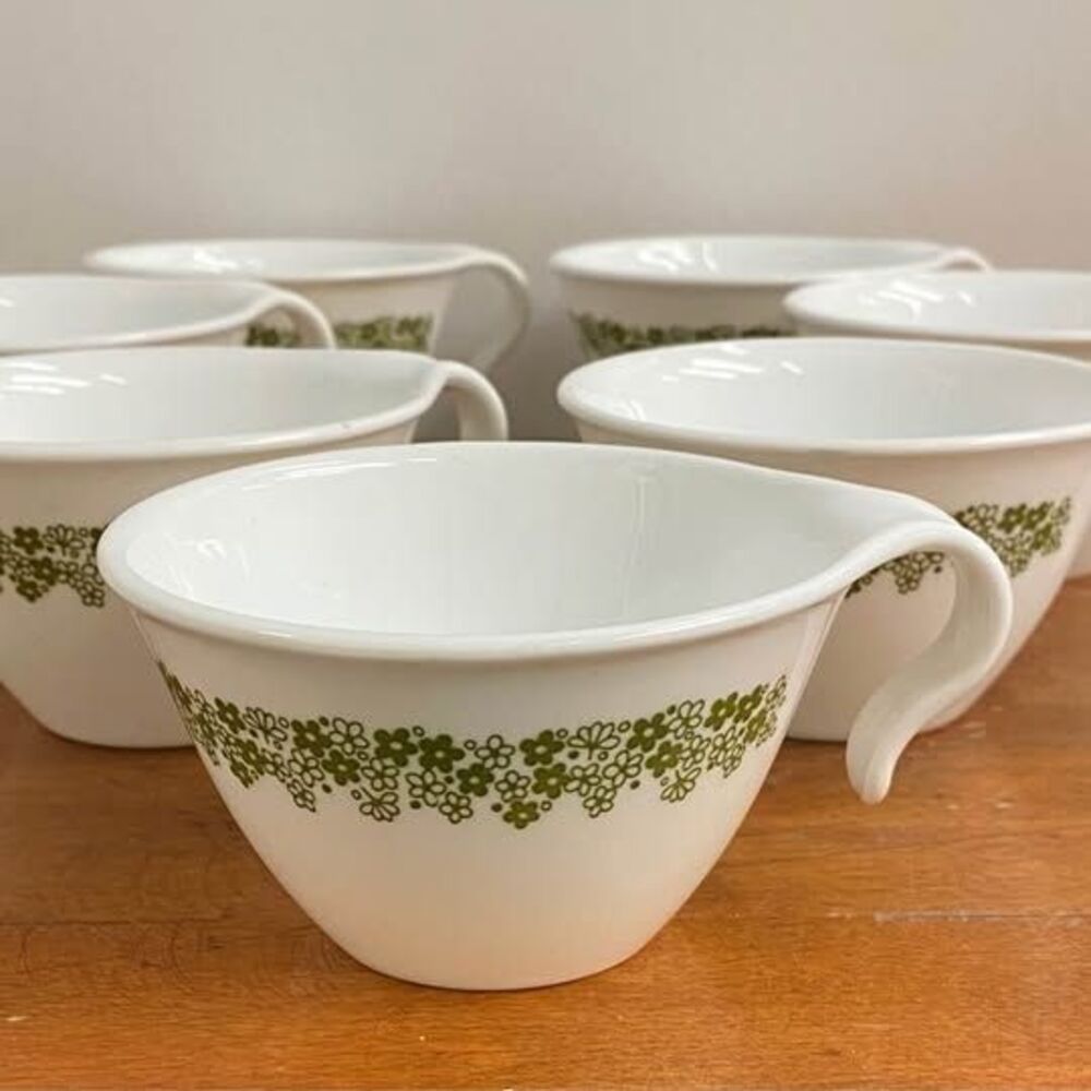 7) Vintage Corelle Hook Handle Cups Spring Blossom Green Crazy Daisy